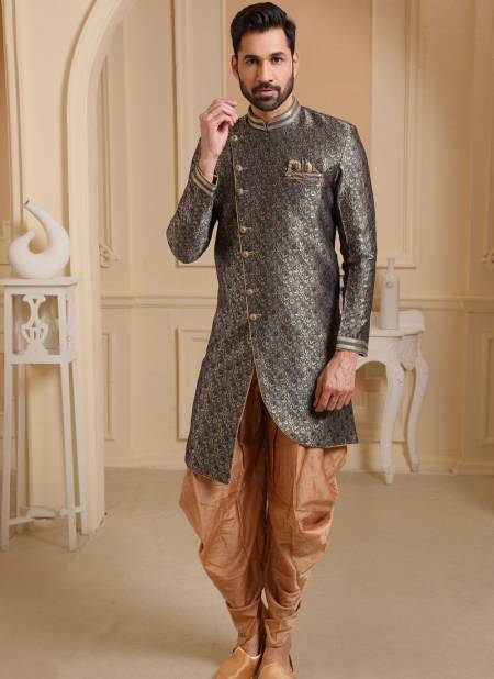 Gray Colour New Party Wear Jacquard Silk Digital Print Indo Western Mens Collection 9219